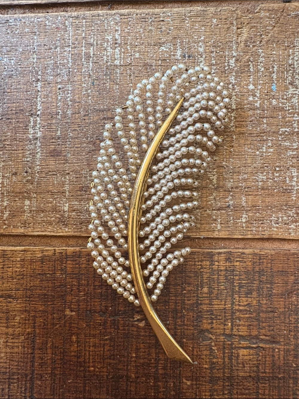 Vintage Faux Pearl Feather Brooch - Gold Tone